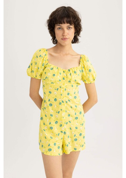 Kalp Yaka Limon Desenli Kısa Kollu Mini Tulum U6852AZ23HS