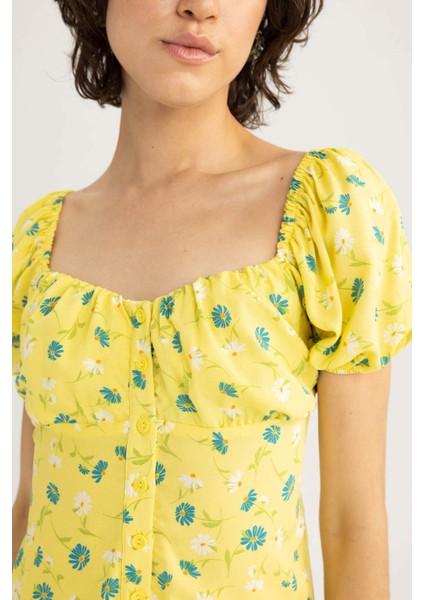 Kalp Yaka Limon Desenli Kısa Kollu Mini Tulum U6852AZ23HS