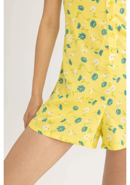 Kalp Yaka Limon Desenli Kısa Kollu Mini Tulum U6852AZ23HS