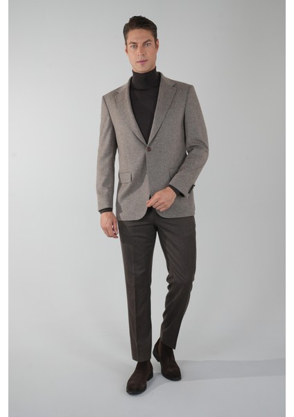Comfort Fit Bej Mono Yaka Çift Yırtmaçlı 6 Drop Yün Polyester Erkek Ceket PCK24K24209_D07