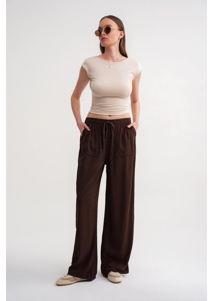 4629 Kadın Bol Paça Yüksek Bel Viskon Palazzo Pantolon Kahve