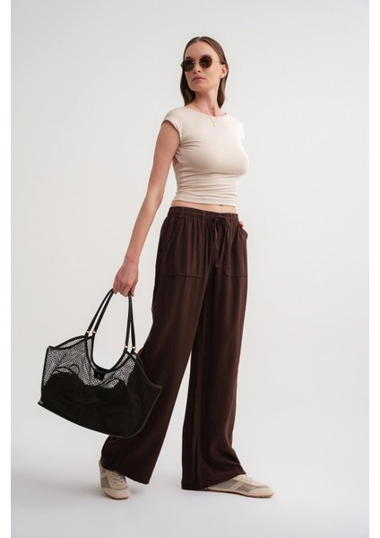 4629 Kadın Bol Paça Yüksek Bel Viskon Palazzo Pantolon Kahve fiyatları