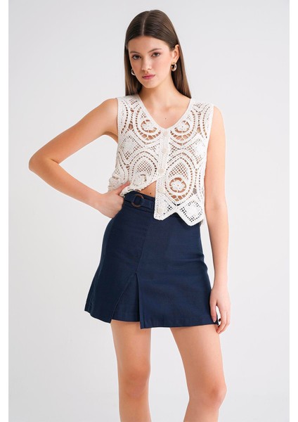 4565 Kadın Yırtmaçlı Toka Detaylı Keten Etek Lacivert