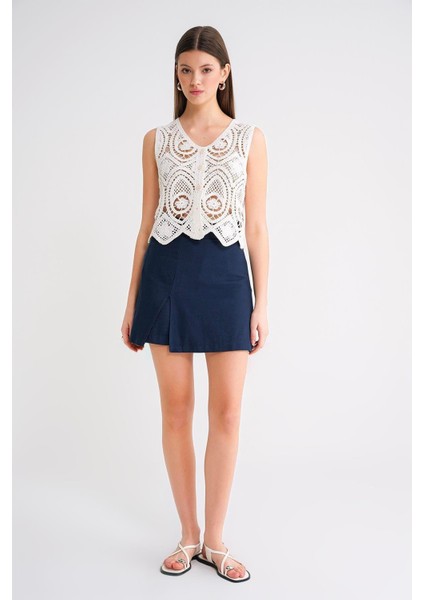 4565 Kadın Yırtmaçlı Toka Detaylı Keten Etek Lacivert fiyatları