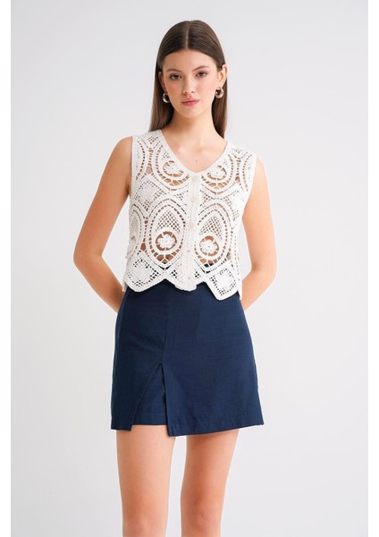 4565 Kadın Yırtmaçlı Toka Detaylı Keten Etek Lacivert modelleri