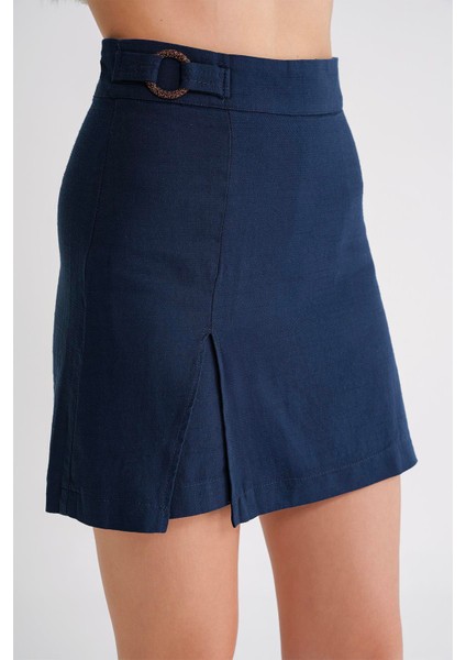 4565 Kadın Yırtmaçlı Toka Detaylı Keten Etek Lacivert indirimleri