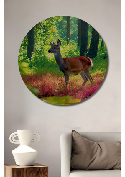 Ormanda Geyik Sulu Boya Görünümlü Dekoratif Ahşap Ev/işyeri/ofis Yuvarlak Tablo