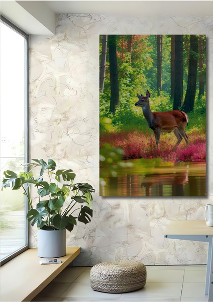 Ormanda Geyik Sulu Boya Görünümlü Dekoratif Ahşap Ev/işyeri/ofis Kare Tablo