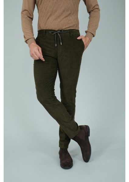 Haki Kadife Pamuklu Likralı Esnek Rahat Jagger Erkek Pantolon PNS24K24009_D49