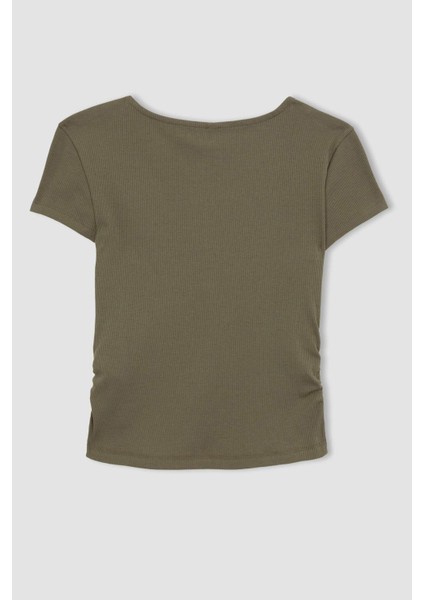 Slim Fit Dar Kesim V Yaka Fitilli Kaşkorse Kısa Kollu Tişört B2022AX23HS