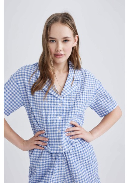 Coool Oversize Pijama Yaka Krinkıl Pötikareli Kısa Kollu Gömlek B1857AX23HS
