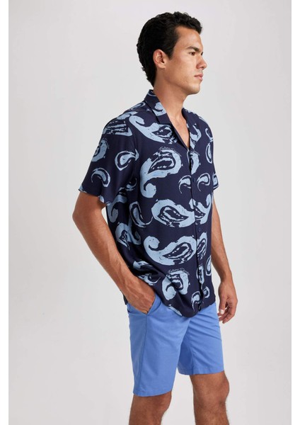 Relax Fit Apaş Yaka Desenli Viskon Kısa Kollu Gömlek B1257AX23HS