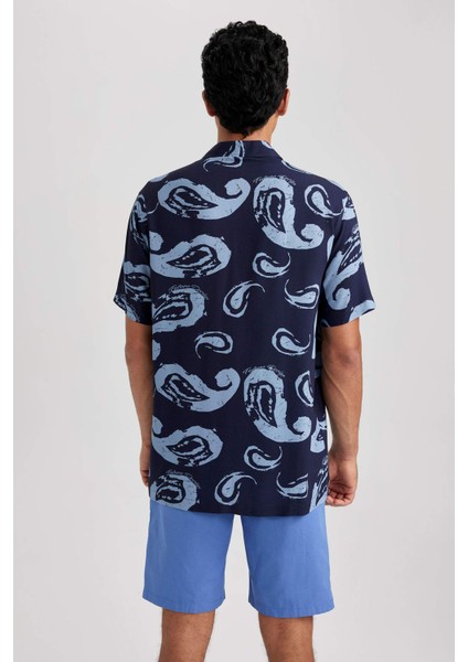 Relax Fit Apaş Yaka Desenli Viskon Kısa Kollu Gömlek B1257AX23HS