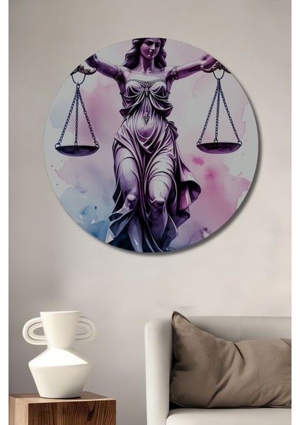 Adalet Tanrıçası Terazisi Sulu Boya Görünümlü Dekoratif Ahşap Ev/işyeri/ofis Yuvarlak Tablo