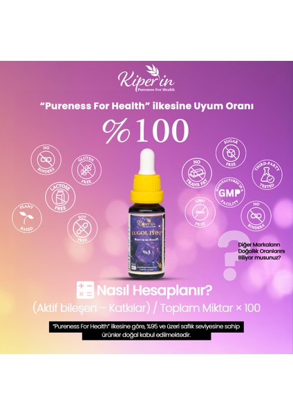 Lugol Iyot | %3 Iyot & %6 Potasyum Iyodür | Kaliteli Içerik | Pureness For Health Ilkesi | 365 Damla