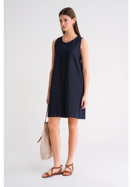 4691 Kadın Bisiklet Yaka Midi Boy Denim Elbise Lacivert fiyatları