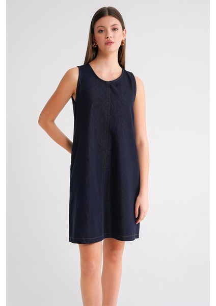 4691 Kadın Bisiklet Yaka Midi Boy Denim Elbise Lacivert fırsatları