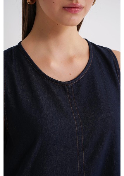 4691 Kadın Bisiklet Yaka Midi Boy Denim Elbise Lacivert indirimleri