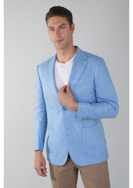 Erkek Platinum Regular Fit Keten Ceket Açık Mavi PCK25Y25009_D33