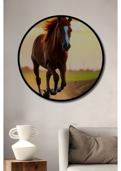 Çerçeve Görünümlü Gün Batımında Koşan At Yağlı Boya Görünümlü Dekoratif Ahşap Ofis Yuvarlak Tablo