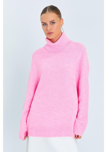 6907 Kadın Fitil Detaylı Triko Kazak Pembe