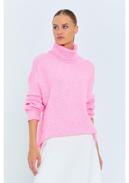6907 Kadın Fitil Detaylı Triko Kazak Pembe modelleri
