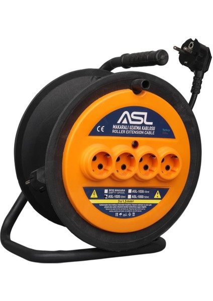 ASL-1020 20 Metre 4 Priz Girişli Makaralı Uzatma Kablosu 3000W 3x1.5mm