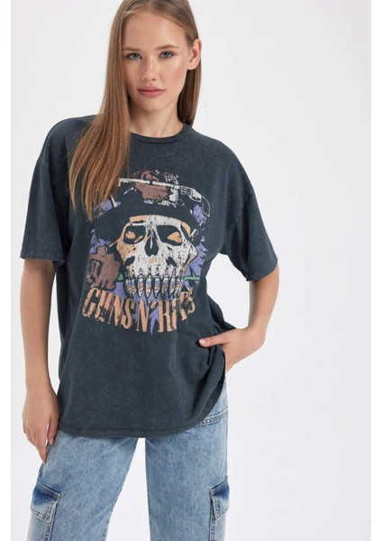Coool Guns N' Roses Oversize Geniş Kalıp Bisiklet Yaka Kısa Kollu Yıkamalı Soluk Efektli Tişört B1908AX23HS