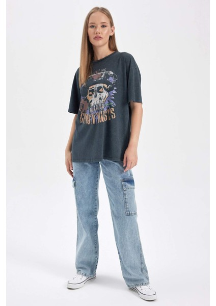 Coool Guns N' Roses Oversize Geniş Kalıp Bisiklet Yaka Kısa Kollu Yıkamalı Soluk Efektli Tişört B1908AX23HS