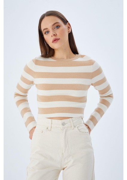 6644 Kadın Bisiklet Yaka Çizgili Kazak Camel fiyatları