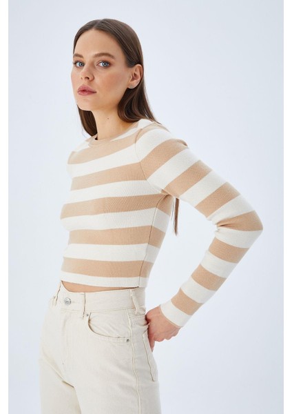 6644 Kadın Bisiklet Yaka Çizgili Kazak Camel fırsatları