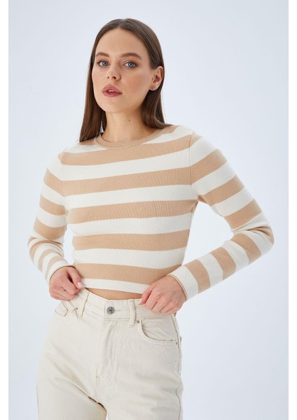 6644 Kadın Bisiklet Yaka Çizgili Kazak Camel indirimleri