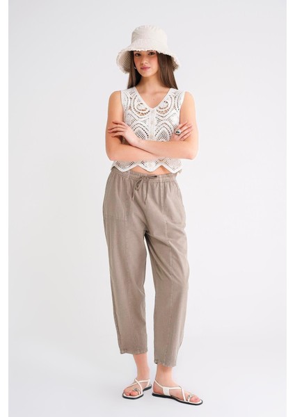 4436 Kadın Keten Çımalı Şalvar Pantolon Antik Vizon fiyatları
