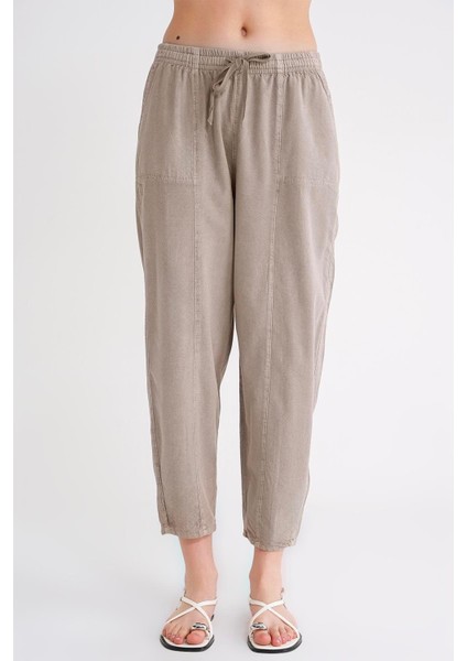 4436 Kadın Keten Çımalı Şalvar Pantolon Antik Vizon modelleri