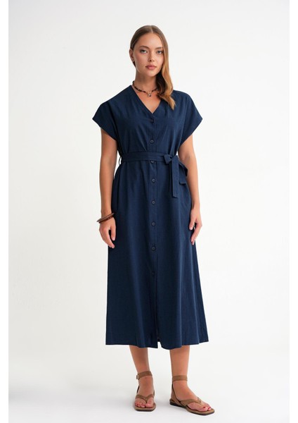 Kadın Denim Elbise V Yaka Düğme Detaylı Keten Midi Klasik Stil Lacivert