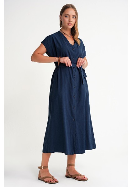 Kadın Denim Elbise V Yaka Düğme Detaylı Keten Midi Klasik Stil Lacivert modelleri