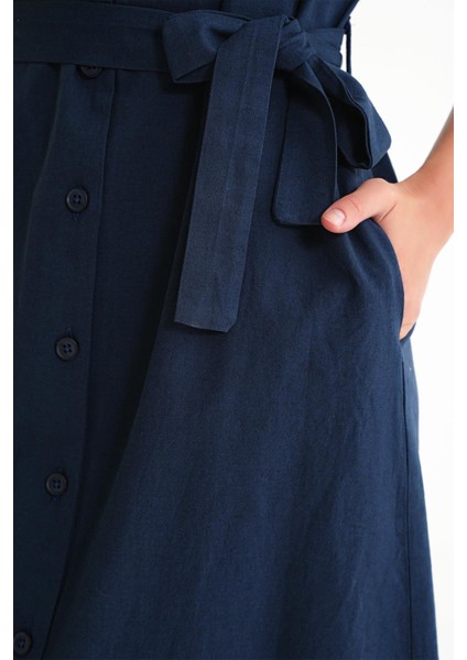 Kadın Denim Elbise V Yaka Düğme Detaylı Keten Midi Klasik Stil Lacivert indirimleri