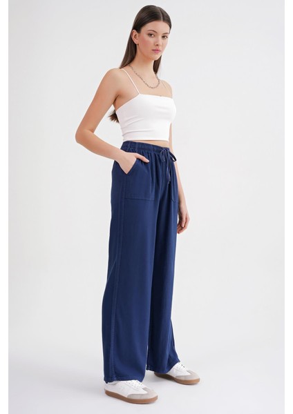 4629 Kadın Bol Paça Yüksek Bel Viskon Palazzo Pantolon Lacivert