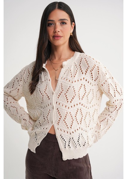 6934 Kadın Baklava Desenli Mevsimlik Ajurlu Hırka Naturel