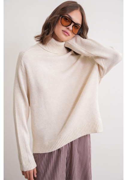 6907 Kadın Fitil Detaylı Triko Kazak Naturel modelleri