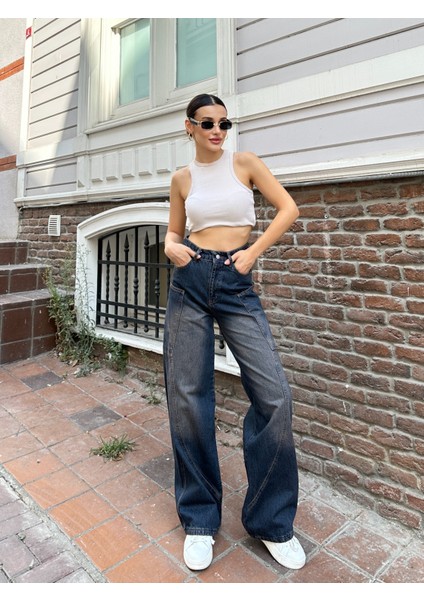 Y2K Yandan Cep Ön Yan Cep Detay Bol Paça Tintli (Koyu Mavi) Kimyasallı fiyatları