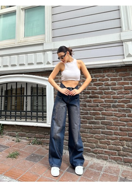 Y2K Yandan Cep Ön Yan Cep Detay Bol Paça Tintli (Koyu Mavi) Kimyasallı modelleri