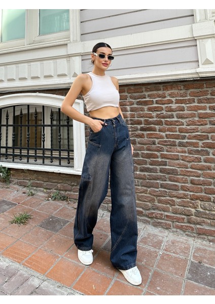 Y2K Yandan Cep Ön Yan Cep Detay Bol Paça Tintli (Koyu Mavi) Kimyasallı fırsatları