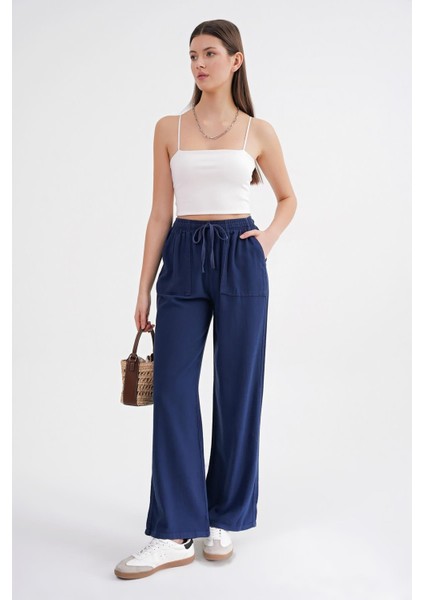 4629 Kadın Bol Paça Yüksek Bel Viskon Palazzo Pantolon Lacivert modelleri