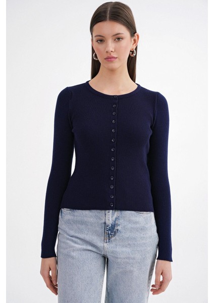 6931 Kadın Düğmeli Fitilli Triko Hırka Lacivert fiyatları