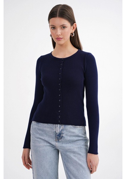 6931 Kadın Düğmeli Fitilli Triko Hırka Lacivert modelleri