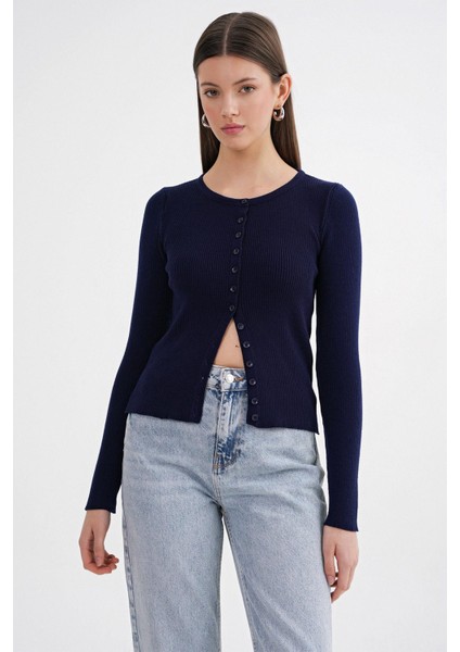 6931 Kadın Düğmeli Fitilli Triko Hırka Lacivert indirimleri