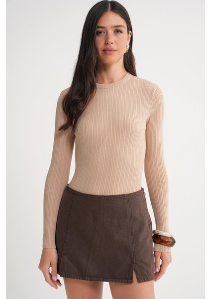 6938 Kadın Bisiklet Yaka Fitilli Triko Body Camel