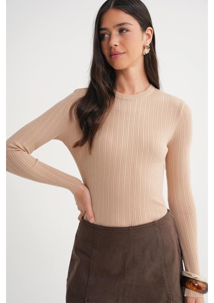 6938 Kadın Bisiklet Yaka Fitilli Triko Body Camel fiyatları