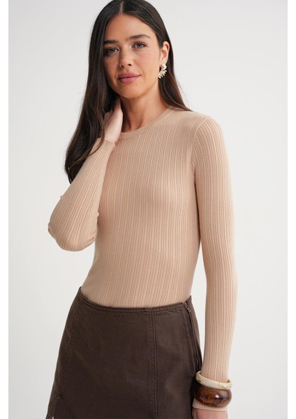 6938 Kadın Bisiklet Yaka Fitilli Triko Body Camel modelleri